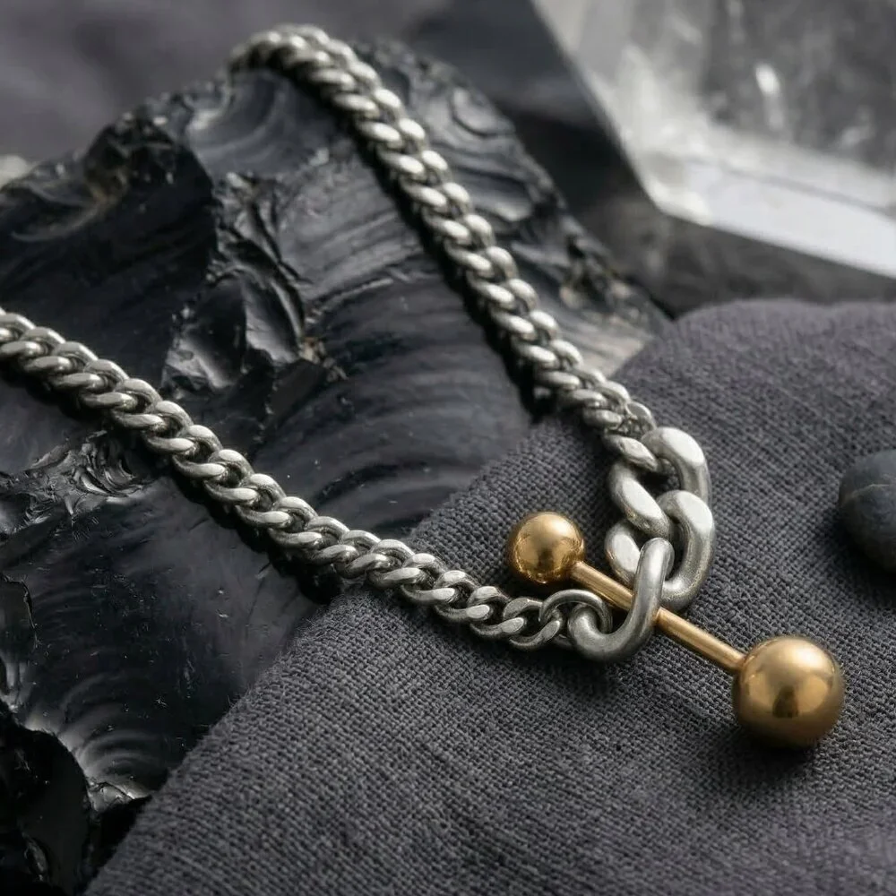 Two Tone 18K Gold Plated Stainless Steel Link Chain Necklace Ball Bar Pendant